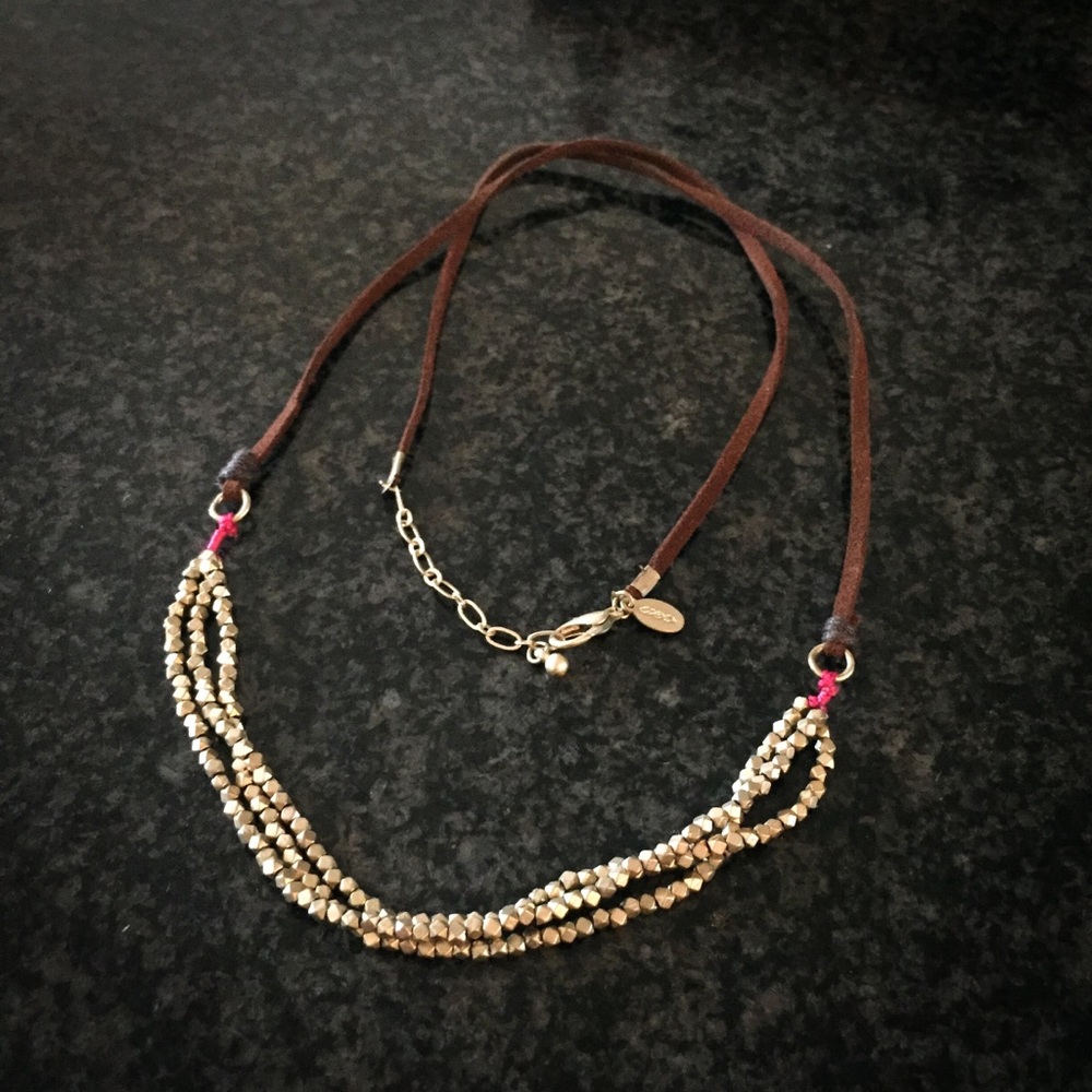 AEO Brown Suede and Goldtone Bead Long Necklace